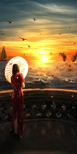 Fantasy Scene with Dragon and Sakura Under Sunset
