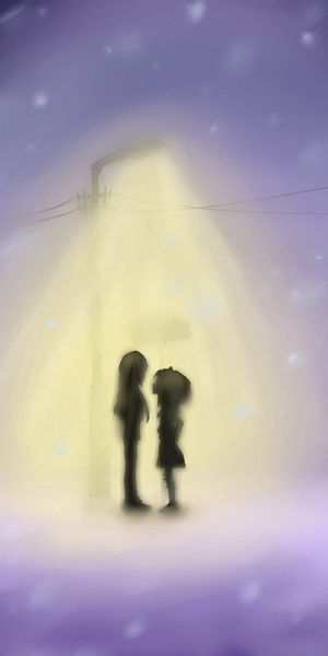 Phone wallpaper: Winter, Flakes, Lamp, Light, Lantern, Snowfall, Shine, Picture, Drawing, Guy, Girl,