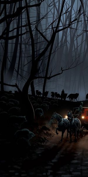 Free Mobile Wallpaper: Dark Fantasy Scene with a Wolf in a Mysterious Forest