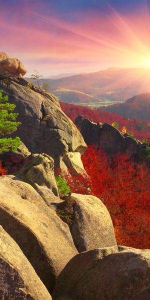 Breathtaking Sunset Landscape in Fall Over Mountains and Forest