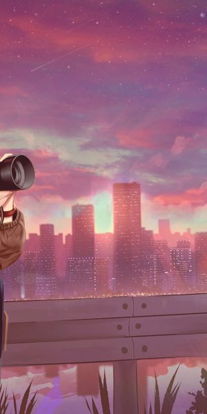 Komi Can't Communicate: Anime Girl with Camera in Sunset City
