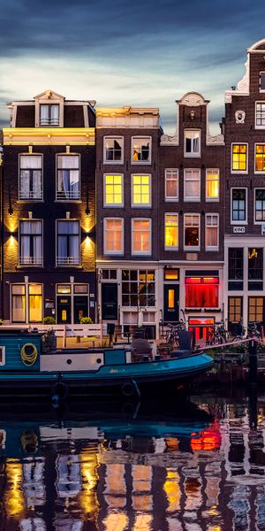Phone wallpaper: Cities, City, Reflection, House, Boat, Netherlands, Amsterdam, Man Made, Canal free