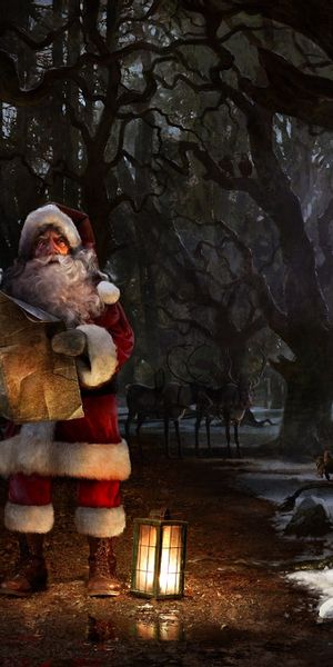 Santa Claus Holding a Map in a Mysterious Forest