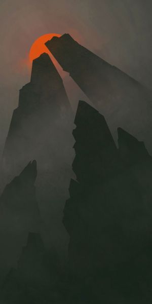 Gloomy foggy rocks with a striking sun - 4K mobile wallpaper
