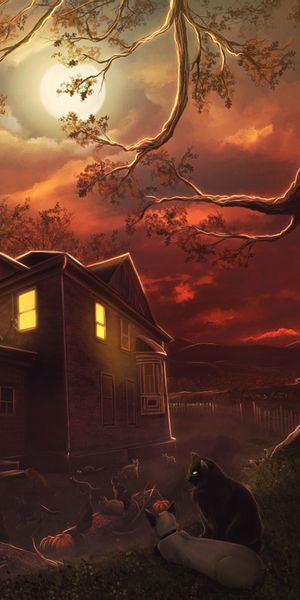 Phone wallpaper: Moon, House, Cats, Art, Night free download