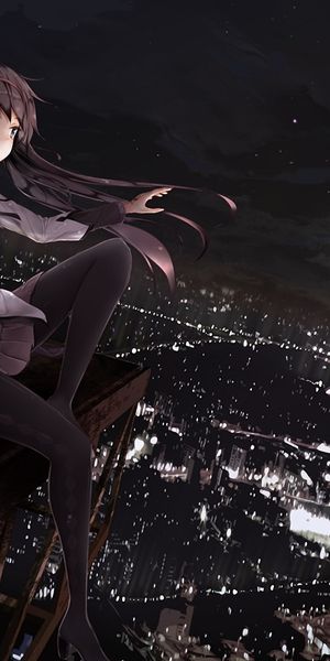 Phone wallpaper: Puella Magi Madoka Magica, Homura Akemi, Thigh Boots, Skirt, Night, City, Anime fre