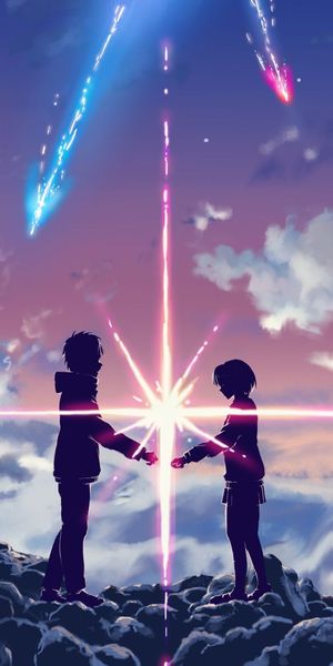 Your Name Wallpaper Featuring Mitsuha and Taki Under a Comet