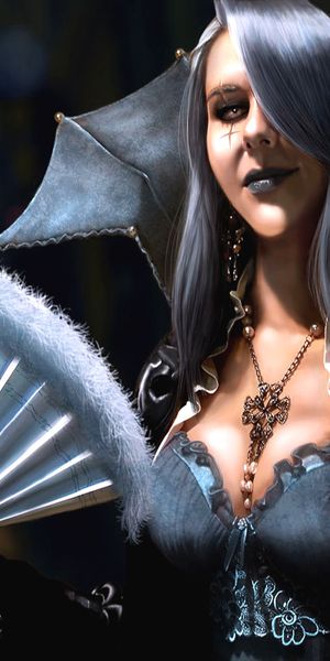 Intriguing 4K phone wallpaper of a dark-themed woman with a fan