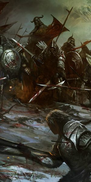 Intense 4K phone wallpaper of a dark fantasy battle with warriors and swords