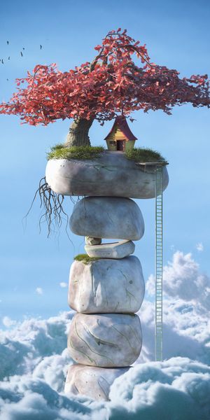 Surreal 3D House on a Rock with a Tree and Sky Background