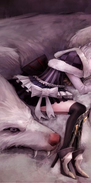 Phone wallpaper: Anime, Wolf, Girl, Fangs, Resting, White Hair, Bow (Clothing) free download