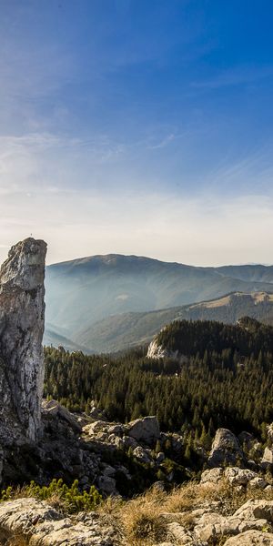 Phone wallpaper: Romania, Stones, Nature, Mountains, Sky, Trees free download