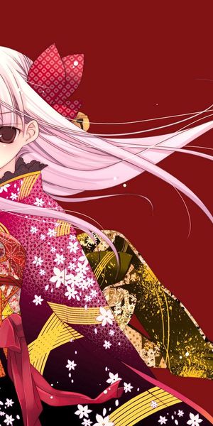 Phone wallpaper: Bow, Background, Blonde, Kimono, Girl, Anime free download