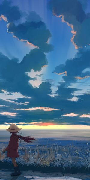 Charming anime wallpaper featuring children against a vibrant sunset sky