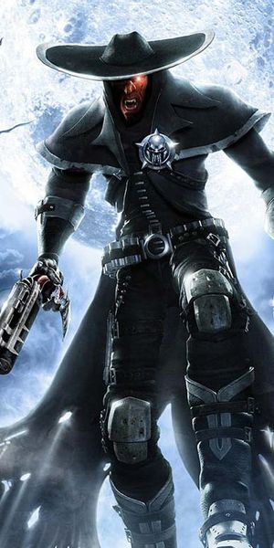 Epic Dark Fantasy Phone Wallpaper with a Mysterious Gunslinger in Blue Tones