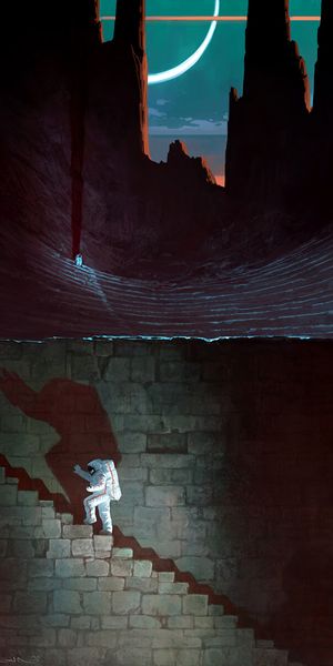 Astronaut Descending Stairs in a Cosmic Landscape