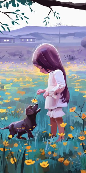 Charming Girl with a Dog Surrounded by Flowers