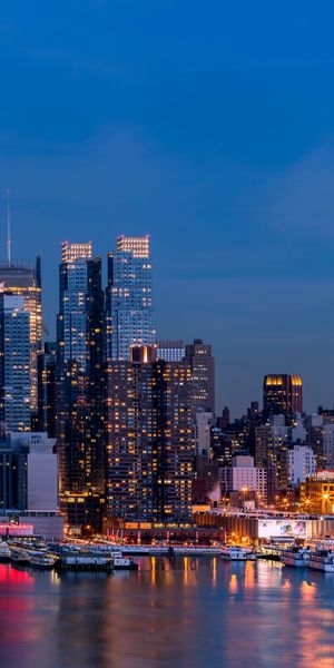 Phone wallpaper: Wharf, Skyscraper, Building, New York, Manhattan, Usa, Cities, Light, Man Made, Nig