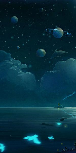 Phone wallpaper: Anime, Landscape, Sky, Night, Moon, Bird, Cat, Ocean, Planet, Cloud, Fish, Whale, S