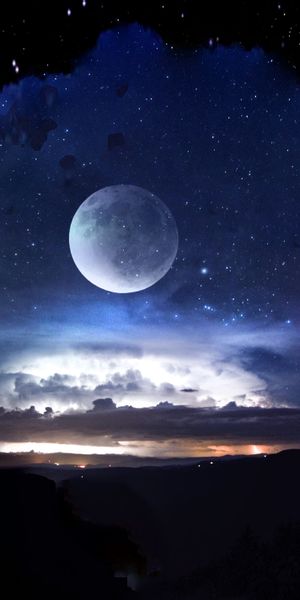 Beautiful Fantasy Landscape with Bright Moon and Starry Night Sky