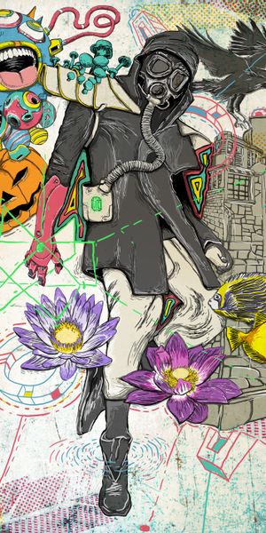 Vibrant Fantasy Art Featuring a Gas Mask and Intricate Designs