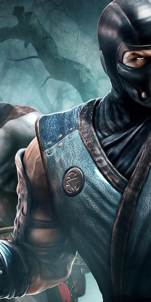 Dynamic phone wallpaper featuring Sub Zero and Kratos in a night setting