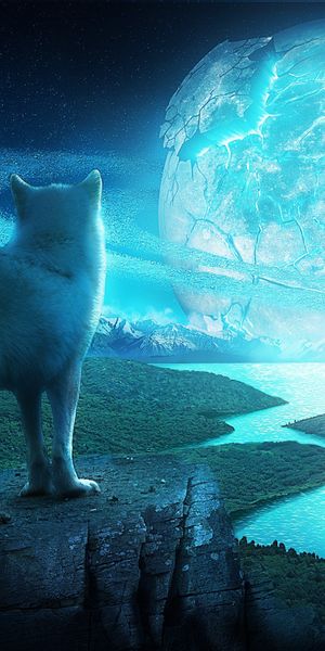 Enchanting phone wallpaper featuring wolves by a river under a glowing moon