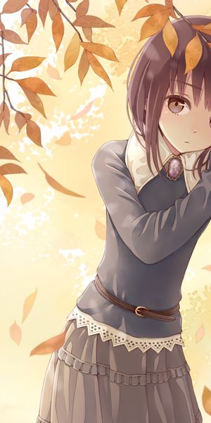 Charming 4K Phone Wallpaper Featuring an Anime Girl Surrounded by Leaves