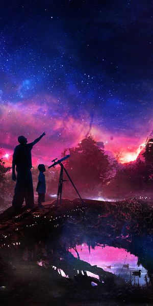 Explore the Universe: Artistic Night Sky Wallpaper Featuring Telescope and River
