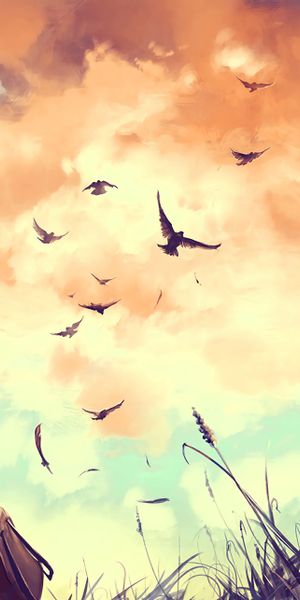 Boy Standing with Rucksack, Birds Flying in a Colorful Sky
