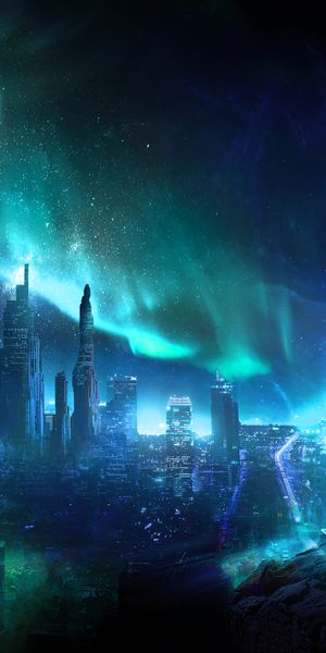 Futuristic Motorcycle Cityscape with Aurora Borealis - Nighttime Phone Wallpaper