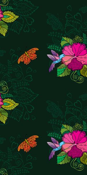 Vibrant Floral Wallpaper Featuring Hummingbirds and Butterflies