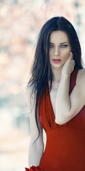 Phone wallpaper: Blur, Model, Women, Blue Hair, Red Dress free download