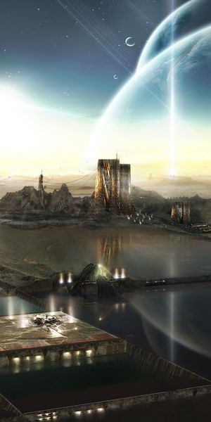 Futuristic Sci-Fi Landscape: City, Water, Planet, and Moon - Phone Wallpaper