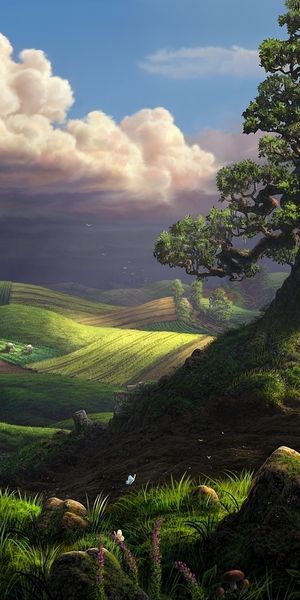 Enchanting Fantasy Landscape Phone Wallpaper: Lush Greens and Dramatic Skies