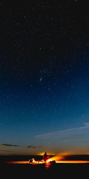 4K Wallpaper of a Serene Camping Scene Under a Starry Sky with Bonfire