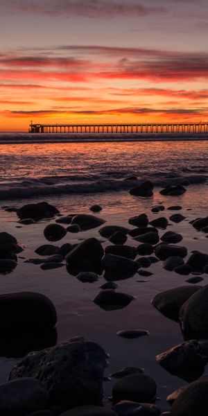 Phone wallpaper: Sunset, Bridge, Horizon, Sea, Nature, Stones free download