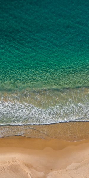 Aerial View of a Tranquil Beach with Surfing Waves