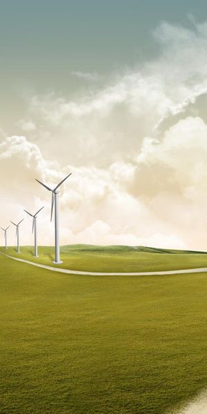 Phone wallpaper: Landscape, Fantasy, House, Cloud, Wind Turbine free download
