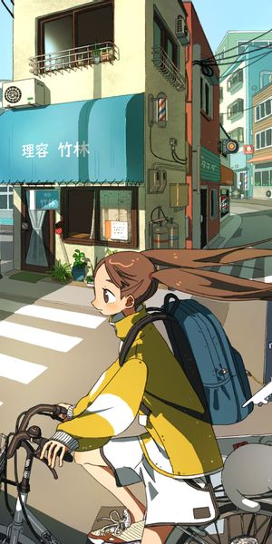 Phone wallpaper: Anime, City, Cat, Girl, Bike free download