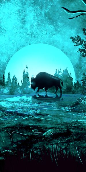 Phone wallpaper: Bison, Buffalo, Shine, Night, Light, Art, Moon free download