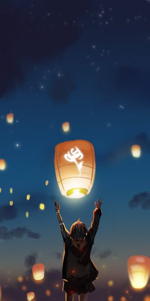 Phone wallpaper: Anime, Sky, Night, Lantern, Original free download