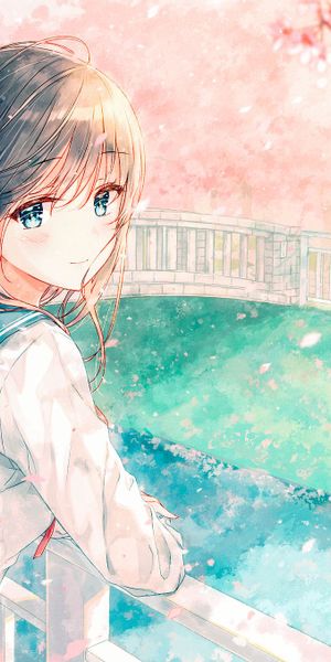 Anime Girl with Blue Eyes by the Canal in Spring Blossom
