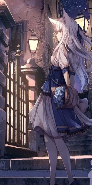Phone wallpaper: Anime, Cat, Butterfly, Girl, Dress, Long Hair, White Hair free download