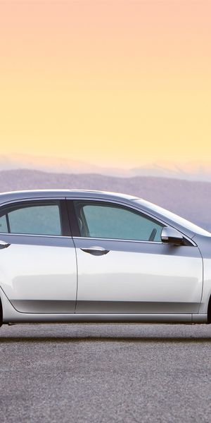 Phone wallpaper: Sunset, 2008, Tsx, Acura, Akura, Silver Metallic, Side View, Asphalt, Style, Mounta