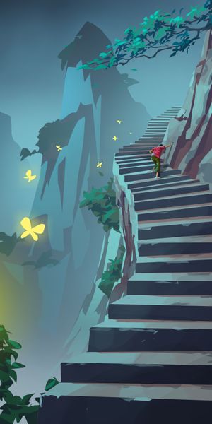 A Beautiful Night Scene of a Person Climbing Stairs Surrounded by Butterflies