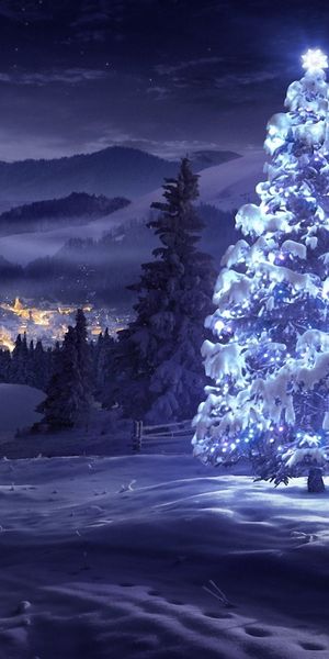 Purple Christmas Tree Surrounded by a Winter Landscape