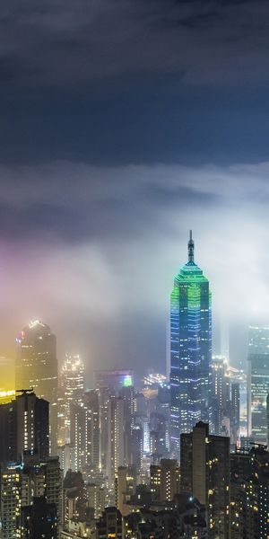 Phone wallpaper: Cities, Night, Skyscraper, Building, Fog, Hong Kong, Man Made free download