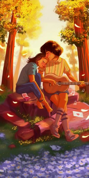 Romantic Embrace of a Couple with a Guitar in Nature