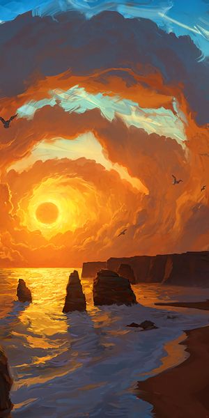Breathtaking Sunset Over the Sea with Dramatic Clouds and Rocks